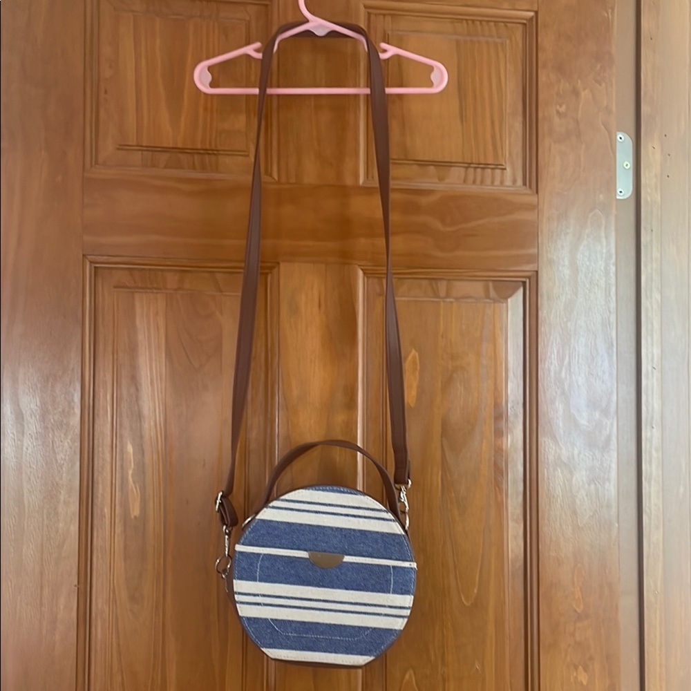 Compact Blue and Brown Striped Crossbody Bag